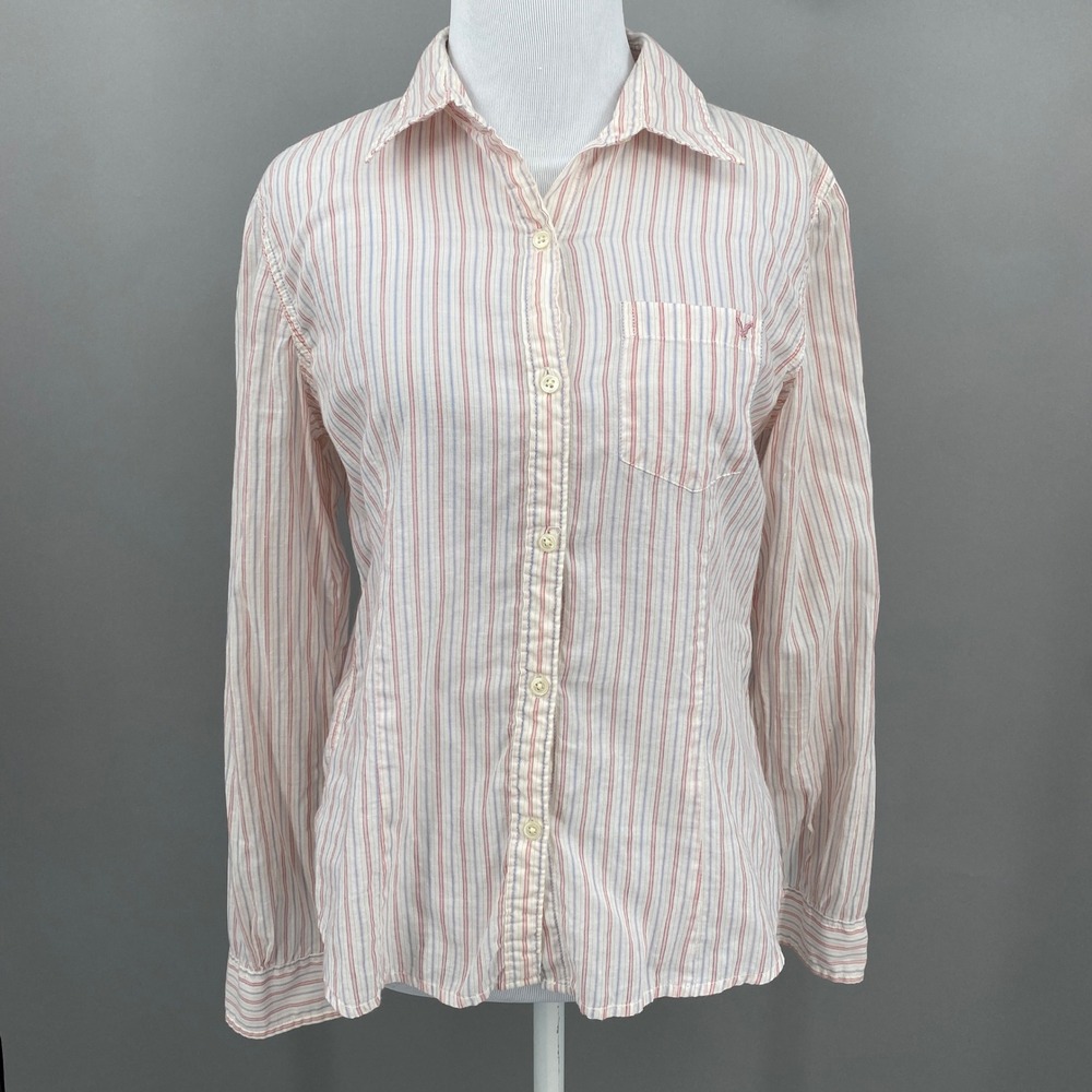 Y2K American Eagle Striped Button Sheer Down Shirt Womens 8 Red Blue Cotton Mall